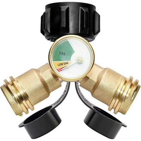 Separateur de propane, adaptateur de séparateur de réservoir de propane Y avec gauge, connecteur de tee d'adaptateur de gaz LP 2 voies pour cylindre de réservoir de propane de 20 livres