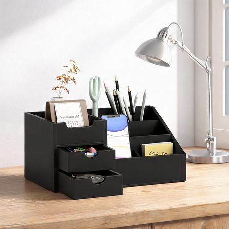 Bambou Verni Noir Rangement Bureau 7 Compartiments 2 Tiroirs (1/5)
