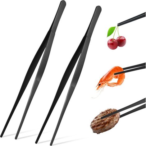 Paquet de 2 pinces de cuisine, pinces de cuisine en acier inoxydable de 30 cm, pincettes longues pour outils de cuisine, pince alimentaire cuisine, outils de gril de cuisine professionnels, noir