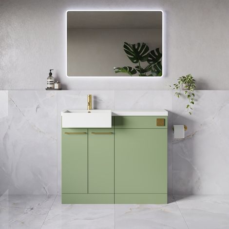Napoli 250 Olive Green 1000mm 2 Door Vanity Unit Toilet Suite with Left Hand Square Rico Semi Recessed Basin - 1000mm - Brushed Brass 160mm HandleWithout Kingston Toilet Pan