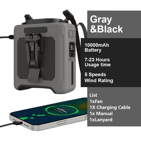 (Gris) Petit ventilateur de ceinture pour le camping, avec lampe LED et batterie externe (1/5)