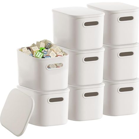 Boîtes de Rangement Plastique Couvercles 8 L Bacs Blancs Empilables Poignées Organisateurs Cuisine Placard Salle de Bain Bureau Tiroirs 25,5 x 18 x 15,5 cm (1/5)