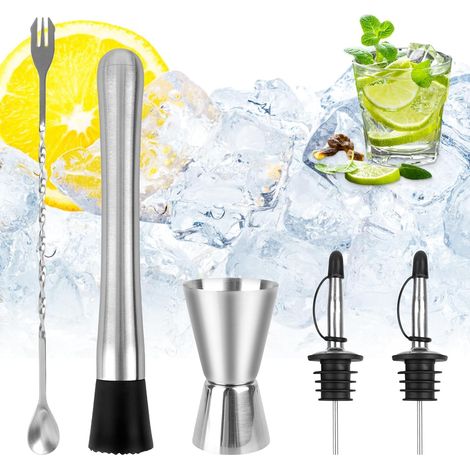 Juego de coctelera de 5 piezas, kit profesional para barman con 2 boquillas, cuchara medidora y mortero para cócteles, ideal para barman, cocina, bar y restaurante. (1/5)