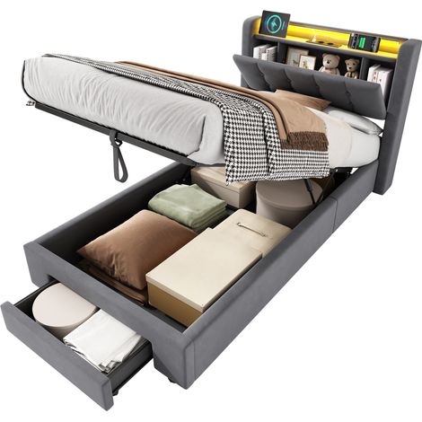 Bett 90x200 cm Gepolstert mit LED, 2 Große Schubladen, USB-Anschlüsse, Hydraulikmechanismus, Strapazierfähiger Samt - Modernes und Funktionales Design