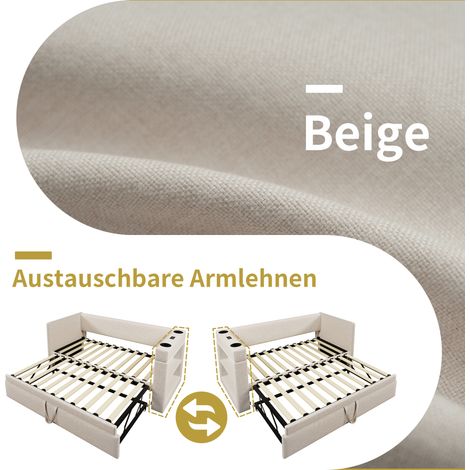 Canapé-lit escamotable 90x200 cm, banquette convertible avec couchage supplémentaire, accoudoirs avec ports USB et Type-C et porte-gobelets, tissu lin mélangé, beige, sans matelas. (1/5)