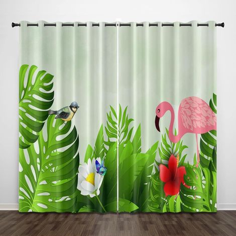 Rideaux occultants exquis pour chambre d'enfant, feuilles de plantes vertes, flamant rose 200 x 213 cm, rideaux imprimés à motif 3D, isolation phonique à œillets, rideaux à isolation thermique pour ga (1/5)
