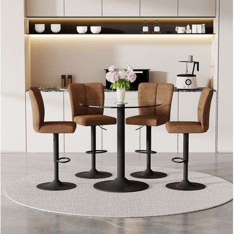 Ensemble bar 5 pièces : table ronde en verre 89 cm et 4 tabourets pivotants, brun et noir (1/5)