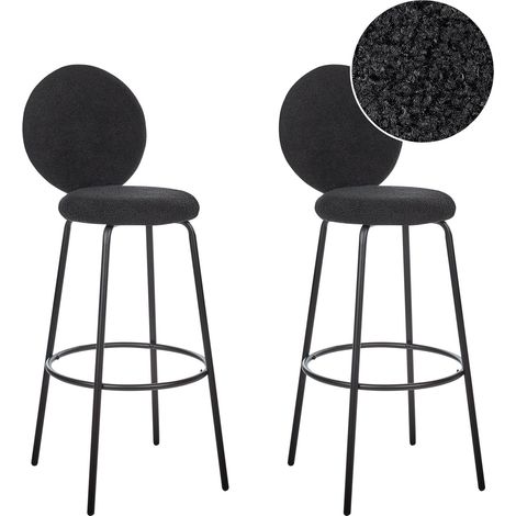 Lot de 2 Tabourets de Bar Pieds en Acier avec Dossier Rond en Tissu Bouclé Noir Emery (1/5)