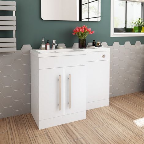 ELEGANT 1100 Bathroom Vanity Units with Basin L Shape Left Hand High Gloss White Vanity Sink Units + Vitreous Resin Basin + Concealed Cisterm, Ensuit Furniture Under Sink Cabinet (1/5)