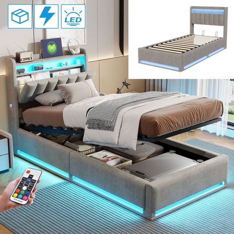 Letto singolo 90x200 cm, letto contenitore con LED, testiera con spazio di archiviazione, ripiani, rete a doghe in legno, struttura in metallo, letto capitonnè in velluto - Grigio
