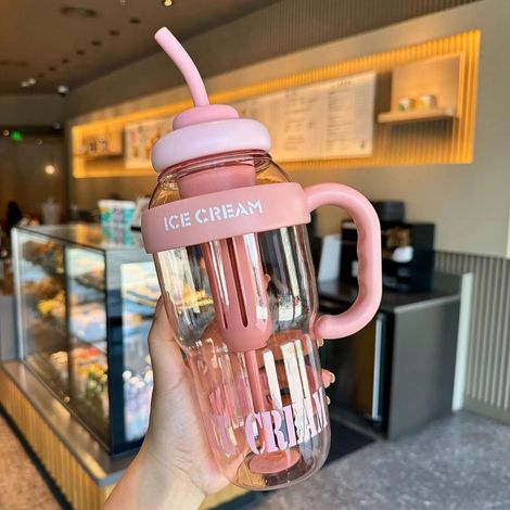 Gobelet portable de 1100 ml avec anse et paille, rose pâle uni
