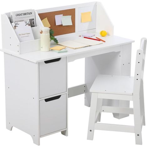 Bureau Enfants avec Chaise Ergonomique & Niches, Table d'Étude en Bois avec 2 Placards & Tiroir, Dispositif Anti-Basculement, Table Multifonctionnelle pour Dessiner Lire, 90x46x100cm, Blanc