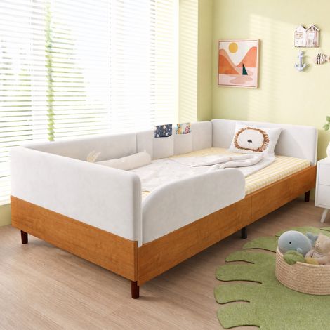 Letto bambino 90x200 cm in velluto e legno bianco, con contenitore, senza materasso FloraGrace (1/5)