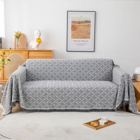 Jeté de canapé 180 x 230 cm – Tissage jacquard 3D gris et blanc – Avec pompons décoratifs – Lavable en machine à 30 °C (1/5)