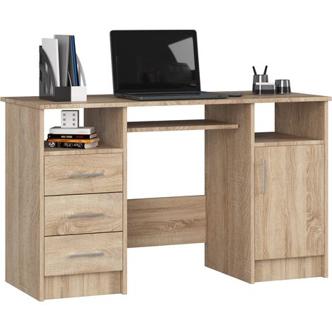 Akord – Bureau droit 124 cm – 3 tiroirs – 1 porte – 5 étagères – Panneau stratifié – Dimensions L124 x P52 x H74 cm – Finition chêne sonoma