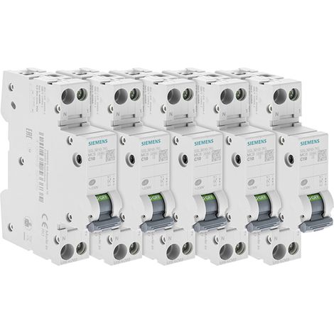 Siemens – Lot de 5 disjoncteurs bipolaires 10A – Courbe de déclenchement C – Protection circuits jusqu'à 450W – Norme NF EN 60898