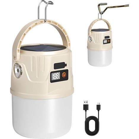 Lampe De Camping - Torche Super Lumineuse 2 Modes Affichage Batterie Panneau Solaire Etanche Avec Crochet Pour Extérieur (1/5)