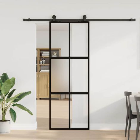 Schiebetür mit Beschlag Schwarz 76x205 cm Hartglas