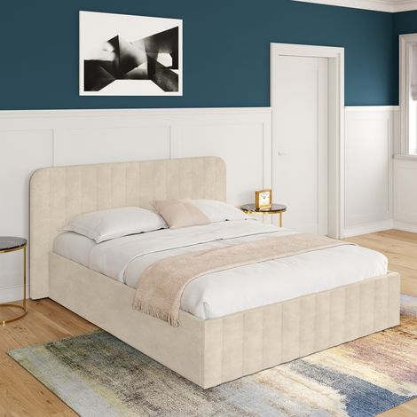Idmarket – Lit coffre double 140 x 190 cm – Tête de lit capitonnée velours beige – Sommier métal 24 lattes – Grand coffre de rangement — vue 4