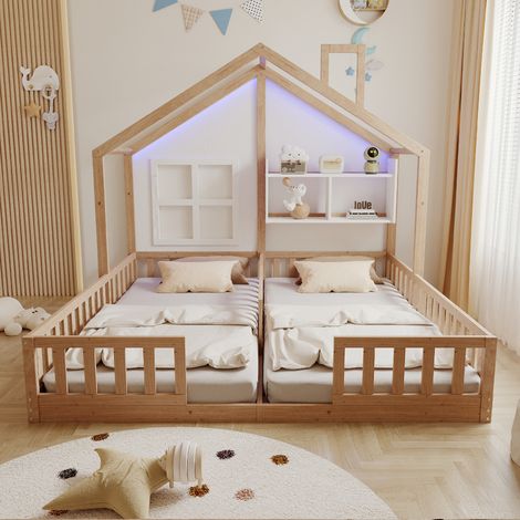 REDOM Letto per bambini 90x200 cm, letto matrimoniale a forma di casa, LED e sponde di sicurezza, legno, naturale, senza materasso (1/5)
