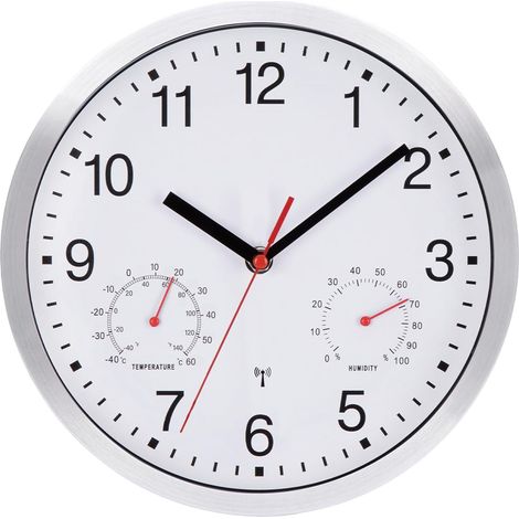 Horloge Radio Pilotée 24 cm avec Thermomètre et Humidimètre Pendule Murale Silencieuse Moderne avec Cadre en Métal Brossé pour Cuisine, Bureau, Salon, Décoration Mural, Blanc (1/5)