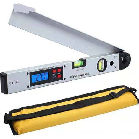 0 225 ° Rapporteur d'angle numérique 400 mm / 16 pouces Règle d'angle horizontal numérique LCD Rétroéclairé Niveaux à bulle pour Bricolage Ingénierie de toiture avec batterie et pochette