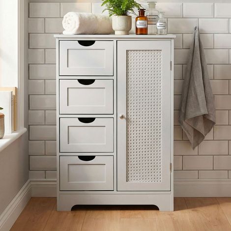 Meuble salle de bain 1 porte 4 tiroirs 55x80 cm cannage blanc - KLIKA (1/5)