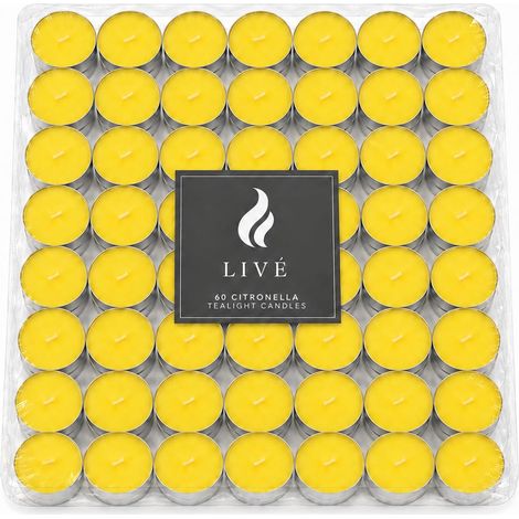 Lot de 60 bougies chauffe-plat à la citronnelle anti-moustiques jaunes pour intérieur et extérieur, bougies décoratives à la citronnelle, 4 heures, pour terrasse, jardin, balcon et maison (1/5)