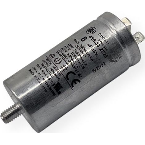 Ducati Energia – Condensateur permanent aluminium 8µF à cosses faston simple – Ø35x72mm – Compatible sèche-linge AEG, Bosch, Electrolux, Siemens