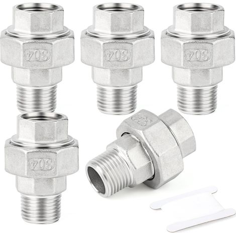 2 pièces 1/2" BSP en acier inoxydable 304 Raccords femelles et mâles, raccords union, adaptateurs filetés pour eau/huile/gaz - 1/4" M-1/4" F (5 PCS) (1/5)