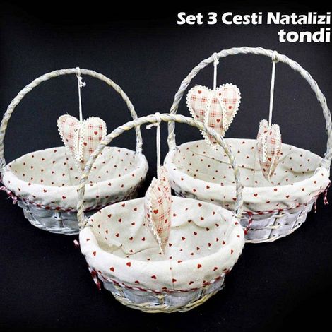 TrAdE Shop Traesio - Set 3 Cestini Natalizi Tondi In Vimini E Tessuto Diametro 38/33/28 Cm Grigio -