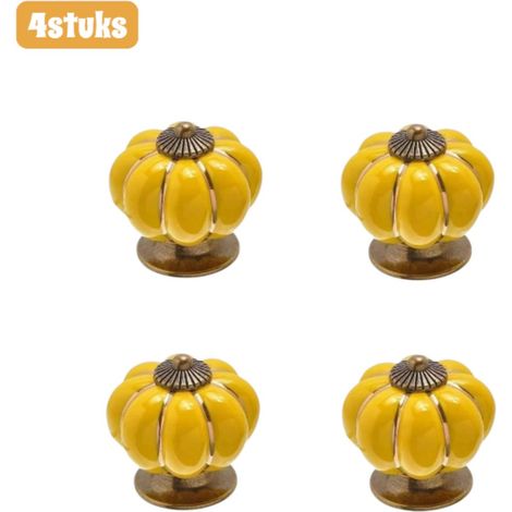 Lot de 4 poignées de porte en céramique en forme de citrouille, style rustique, style minimaliste moderne, poignées de tiroir de cuisine, quincaillerie pour meubles, jaune. (1/4)