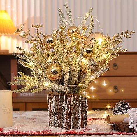 Petit sapin de Noël artificiel doré avec lumières – Vert, décoration de cheminée d'intérieur, décorations de table d'hiver, décoration de vacances (1/5)