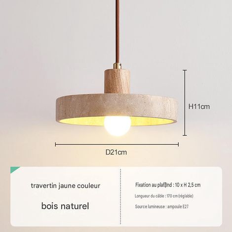 Suspension N bois naturel, pierre travertin noyer, douille E27 220V, LED chaud