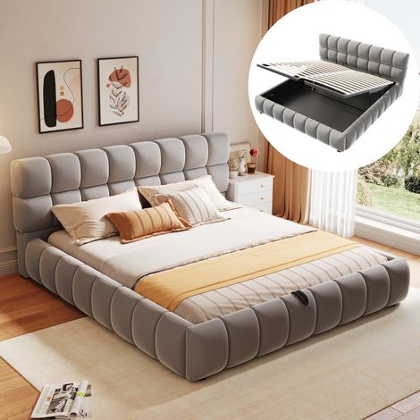 Letto matrimoniale imbottito 140 x 200 cm con contenitore ad apertura idraulica, testiera morbida, rivestimento in velluto e rete a doghe - Grigio (1/5)