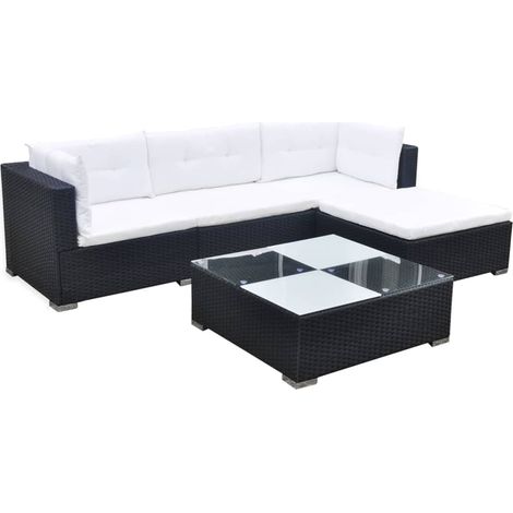 5-tlg. Garten-Lounge-Set mit Kissen Poly Rattan Schwarz