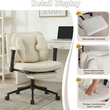 Fauteuil de bureau pivotant, chaise gaming beige réglable en hauteur avec repose-pieds, accoudoirs et roulettes, capacité 150 kg, pour télétravail et bureau à domicile (1/5)
