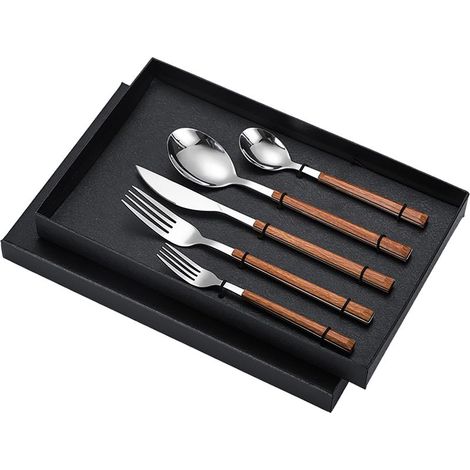 Ensemble de couverts en acier inoxydable haute dureté, couteaux, fourchettes, cuillères, manches en bois. (1/5)