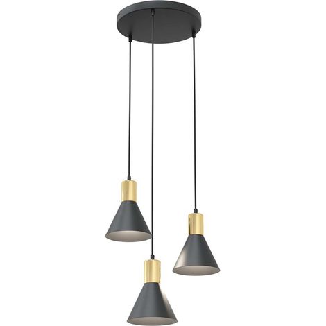 Lampadario 3 Luci Rosa Base Tonda In Acciaio Nero E Paralumi Conici Nero E Oro
