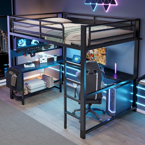 Lit mezzanine gaming 140x200 cm avec bureau, tablette pour clavier, compartiments de rangement, LED et station de recharge, noir (1/5)