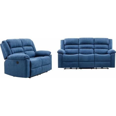 Canapé 3 places et 2 places relax électrique en tissu bleu BUROLO (1/5)
