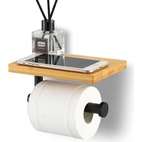 Toilettenpapierhalter mit Bambusablage – Schwarzer Edelstahl SUS304 – Wandmontage mit Schrauben oder 3M-Klebeband – Für Rollen bis zu 12,5 cm (4,92 Zoll) (1/5)