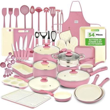 Batterie de Cuisine 54 Pièces – Set Complet Poêles et Casseroles Céramiques Antiadhésives avec Couvercles et Ustensiles, Tous Feux Induction Gaz Électrique - Rose Blush (1/5)