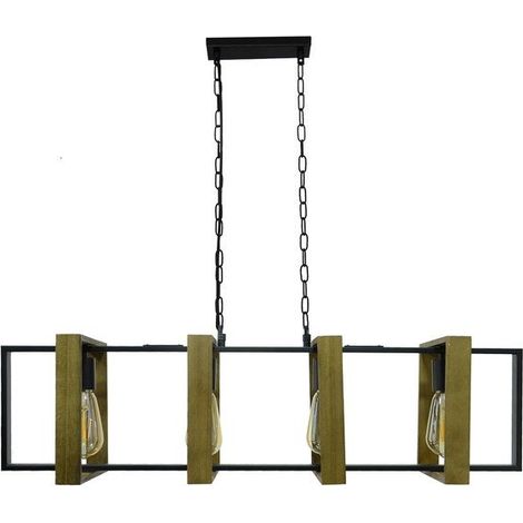 Wooli Industrie-Pendelleuchte mit 4 E27-Glühbirnen, C-CREATION, 60 W, Durchmesser 90 cm, schwarzes Metall und Holz AUTRES