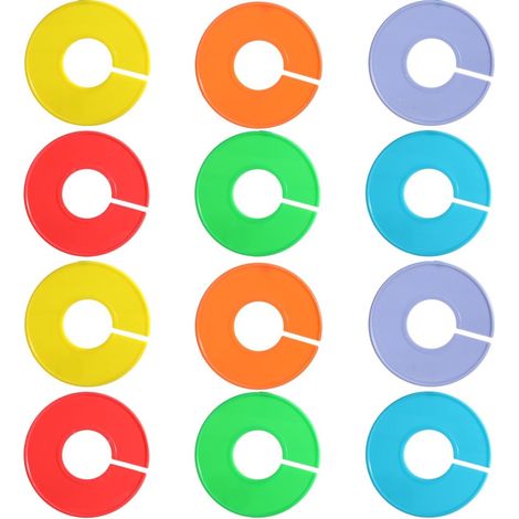 Lot de 12 séparateurs pour penderie - Séparateurs de tailles pour vêtements suspendus - Anneaux de tri pour penderie - Diamètre intérieur 3,5 cm - 9 x 9 cm - 6 couleurs (1/5)