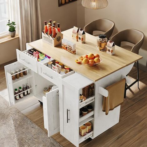 Îlot de cuisine blanc avec table pliante et rangements (1/5)
