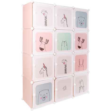 Armoire Chambre d'enfant modulable Motifs ludiques Plastique Étagère de Rangement pour la Maison 12 Cubes Armoire DIY Portes rose (1/5)