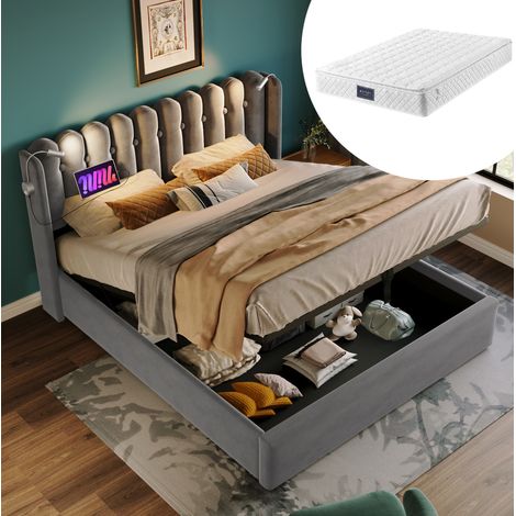 Bettgestell 140x200 cm grau aus Samt mit Leselicht, USB-Ladefunktion und Stauraum (1/5)