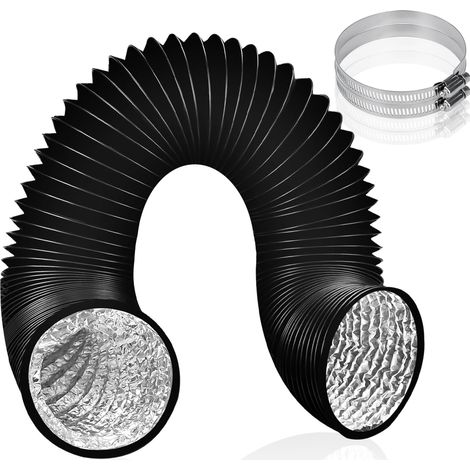 150 mm flexibler Aluminium-Abluftschlauch, 5 m schwarzer Abluftschlauch für Dunstabzugshaube, Wäschetrockner, Waschküche mit 2 Stahlschlauchschellen (1/4)