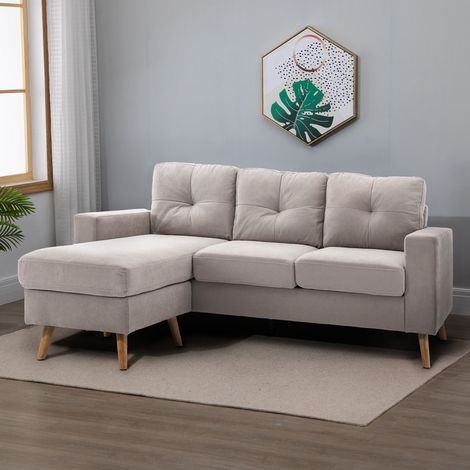 Sofá Esquinero 3 Plazas Reversible, Funda Desenfundable, Estructura de Madera, Lino, Gris Claro (1/5)